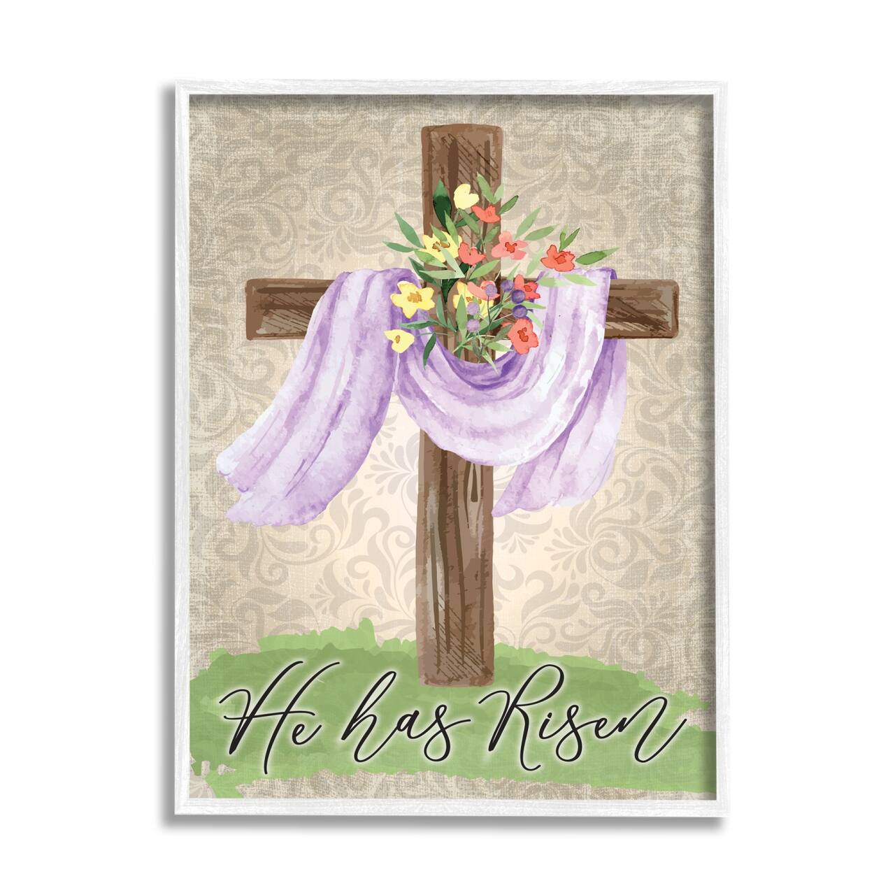 Stupell Industries He Has Risen Spring Floral Cross Brown Damask Pattern Framed Giclee Art